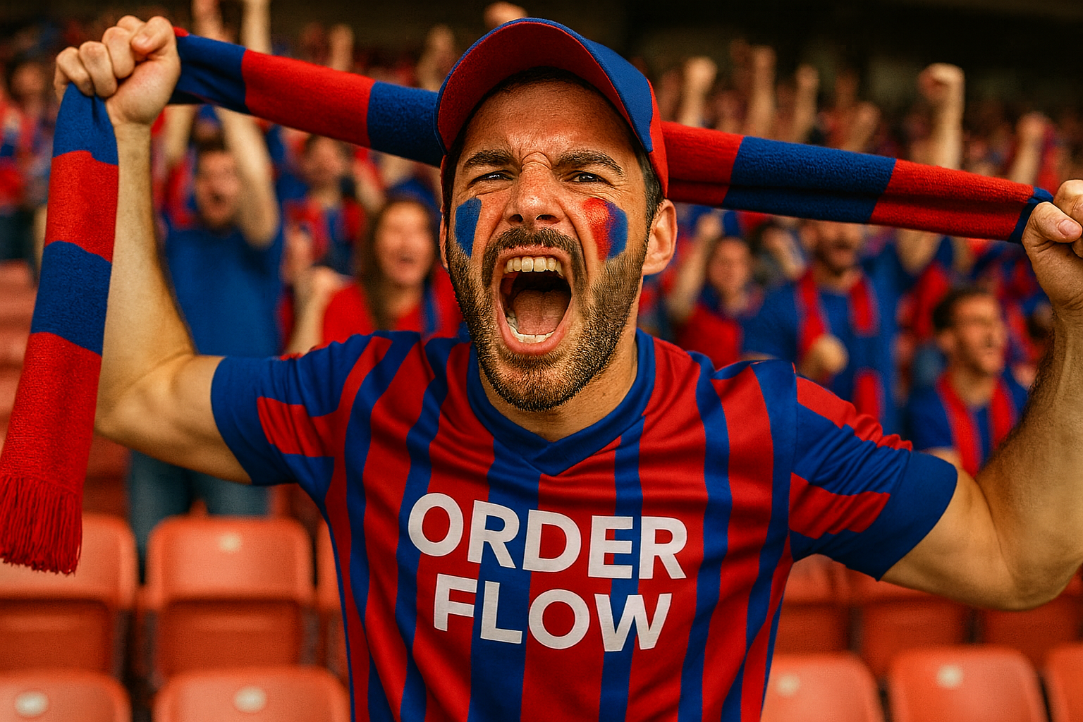 Soccer fan shouting with a soccer t-shirt where we can read order flow trading.