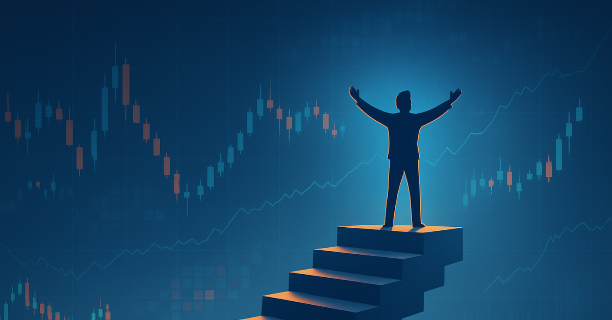 Order Flow Trader on the top of a stair with his arms extended, showing triumph.
