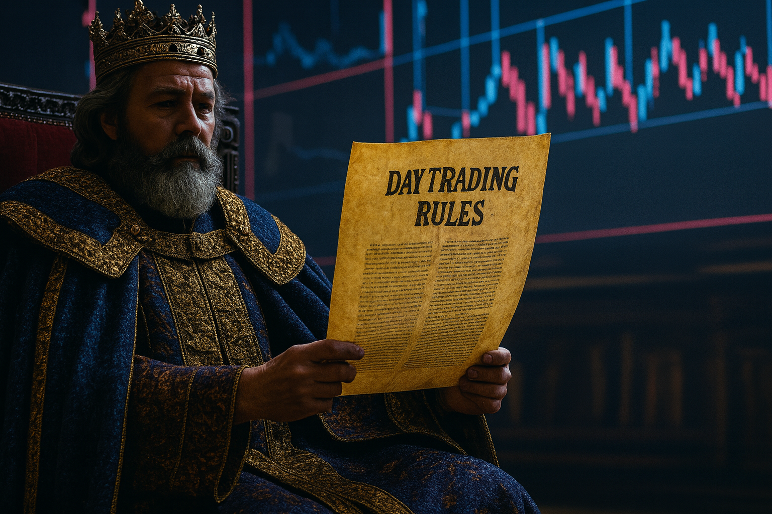 A King sitting on his throne reading a pamphlet where we can read "Day trading rules"