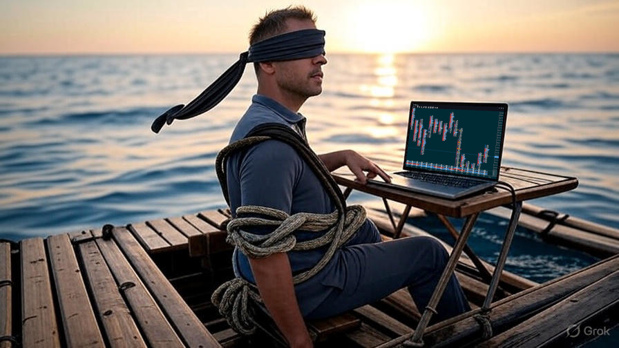 Blindfolded trader trying to trade on a raft in the middle of the ocean.
