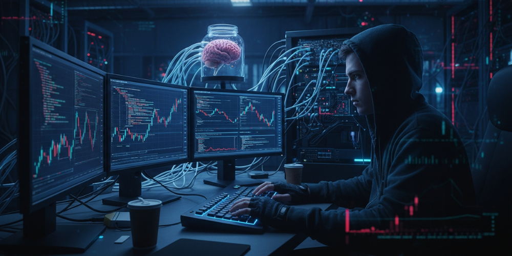 Hacker in front of a computer with a brain in a jar connected to it