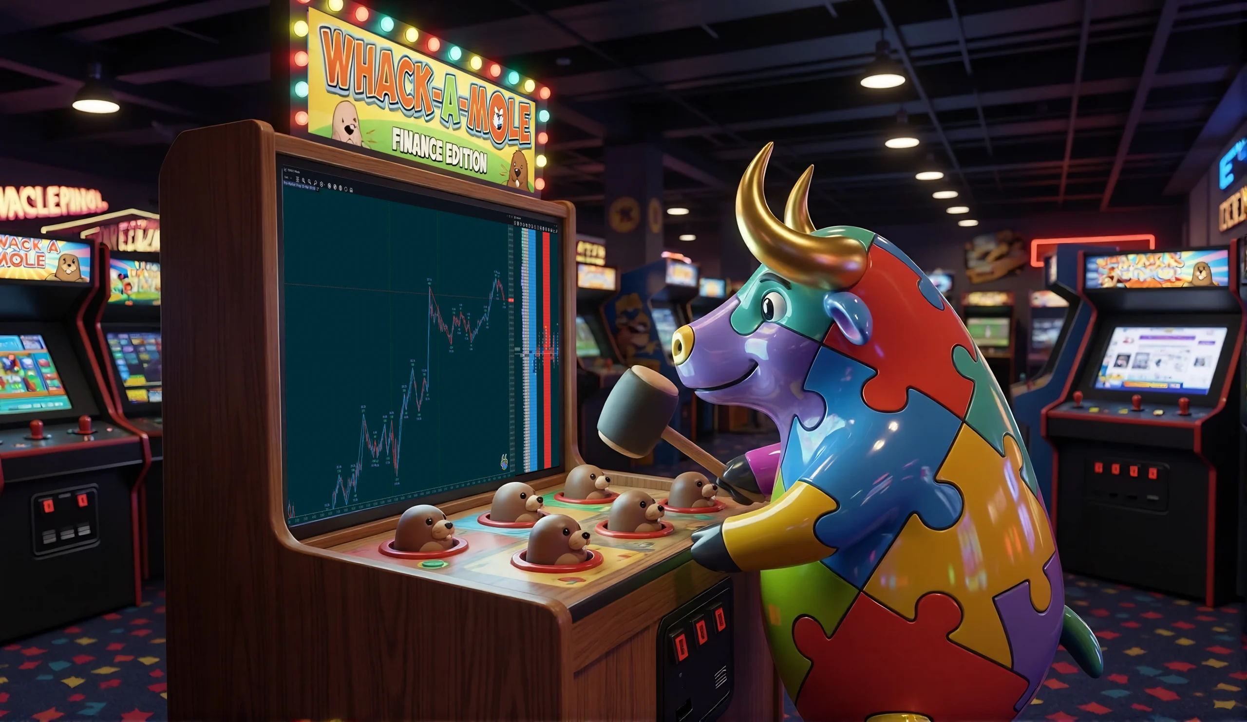 Jigsaw Bull playing Trading Whack A Mole