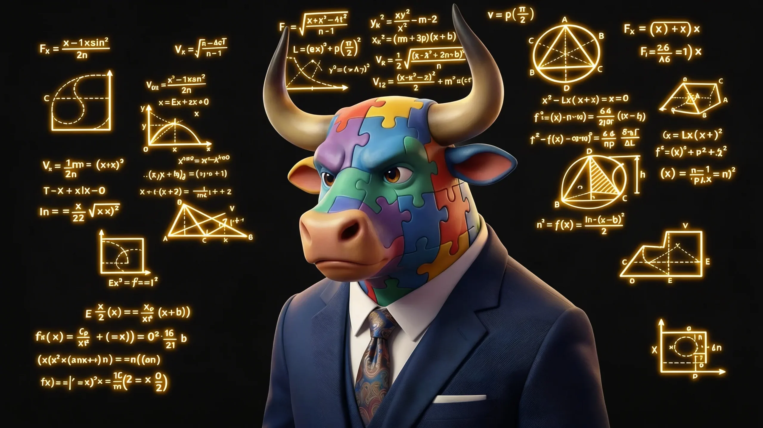 Mr. Jigsaw in a suit surrounded by complex risk-reward ratio formulas