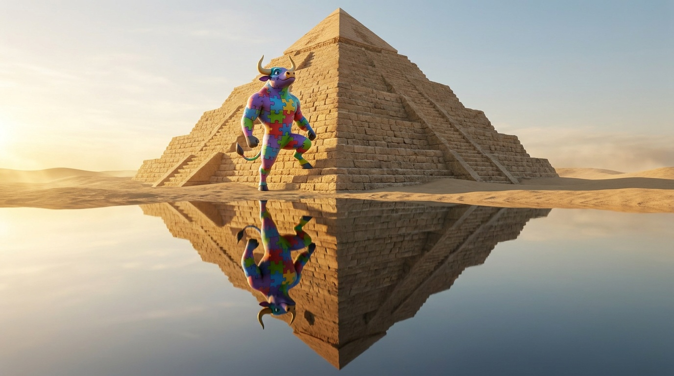 Mr. Jigsaw bull climbing a stepped pyramid reflected as an inverted pyramid in water, illustrating risk reward ratio and position scaling